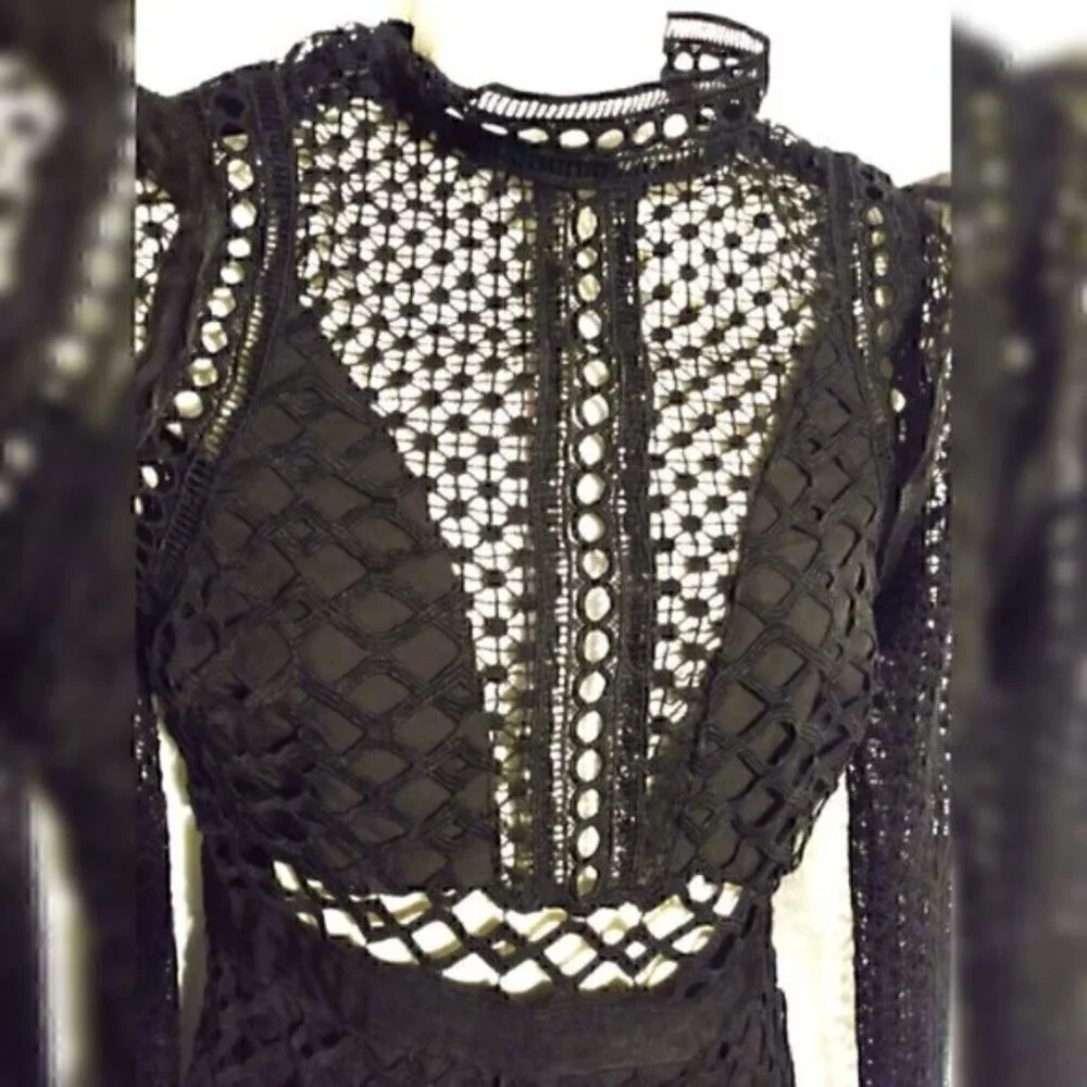 L'atiste Black Lace Lantern Crochet  Long Sleeve Mini Dress S - Picture 6 of 8